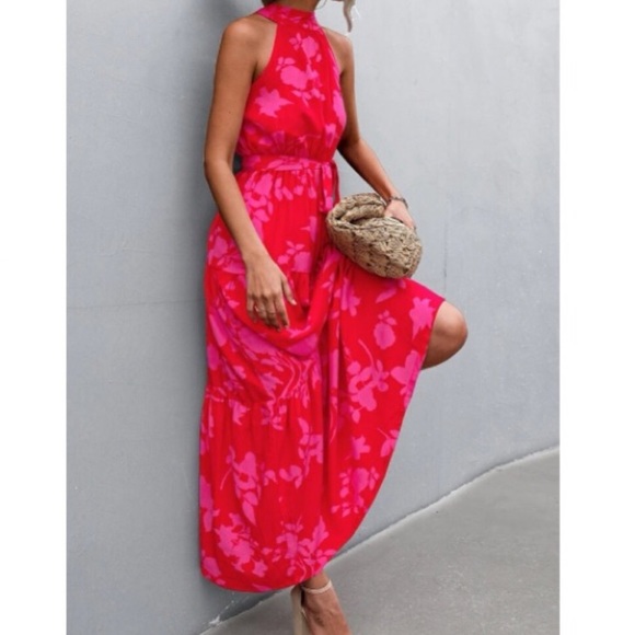 Boho pink floral print belted halter maxi dress - Picture 10 of 12